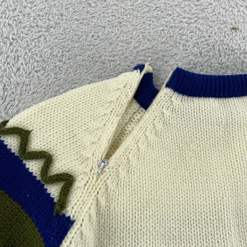Vintage 70s Kimlon 3D Embroidered Chunky‎ Knit Sweater XS Shoulder Zipper Korea